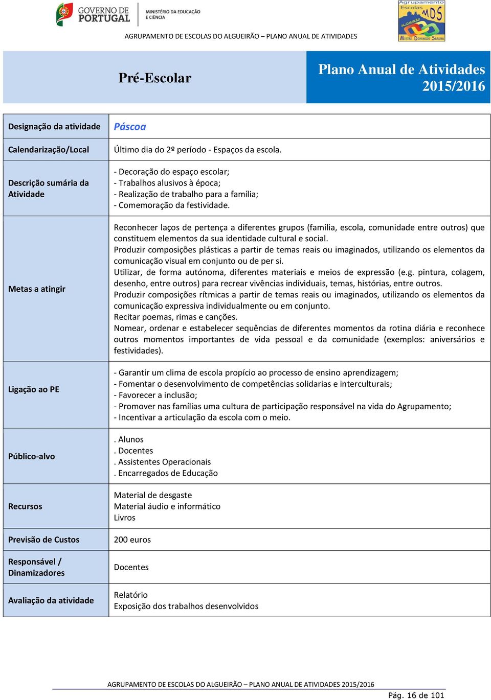 - Decoração do espaço escolar; - Trabalhos alusivos à época; - Realização de trabalho para a família; - Comemoração da festividade.