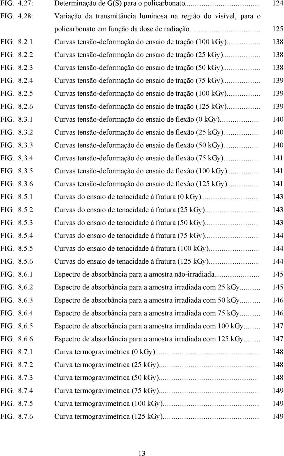 .. 139 FIG. 8.2.5 Curvas tensão-deformação do ensaio de tração (100 kgy)... 139 FIG. 8.2.6 Curvas tensão-deformação do ensaio de tração (125 kgy)... 139 FIG. 8.3.1 Curvas tensão-deformação do ensaio de flexão (0 kgy).