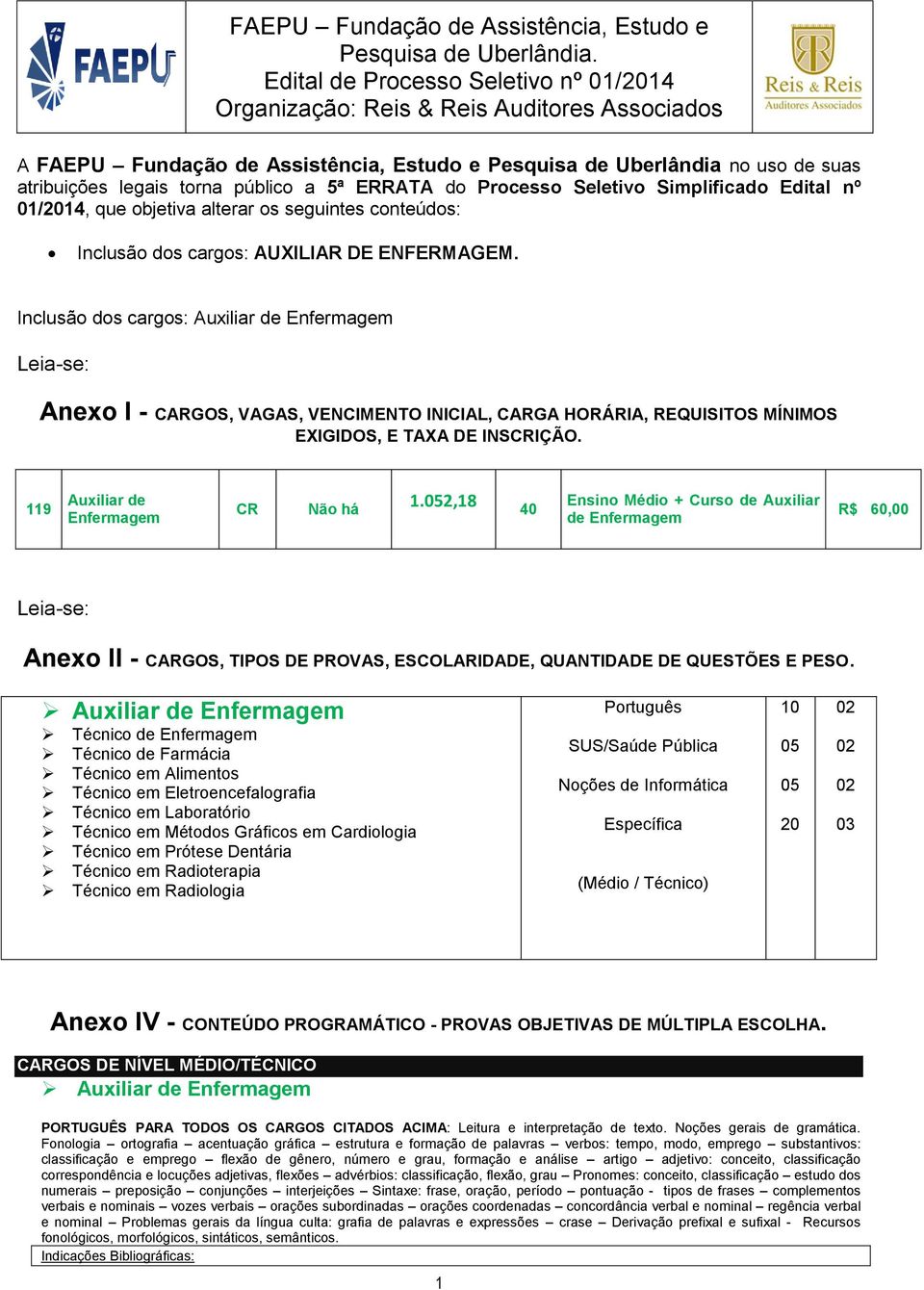 Inclusão dos cargos: Auxiliar de Enfermagem Leia-se: Anexo I - CARGOS, VAGAS, VENCIMENTO INICIAL, CARGA HORÁRIA, REQUISITOS MÍNIMOS EXIGIDOS, E TAXA DE INSCRIÇÃO.