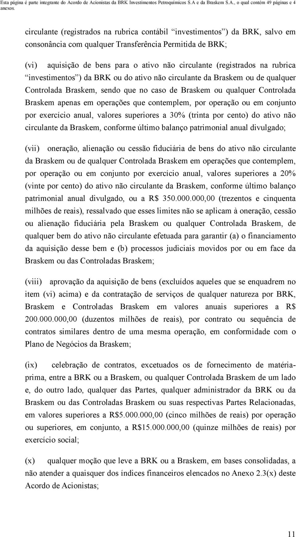 contemplem, por operação ou em conjunto por exercício anual, valores superiores a 30% (trinta por cento) do ativo não circulante da Braskem, conforme último balanço patrimonial anual divulgado; (vii)