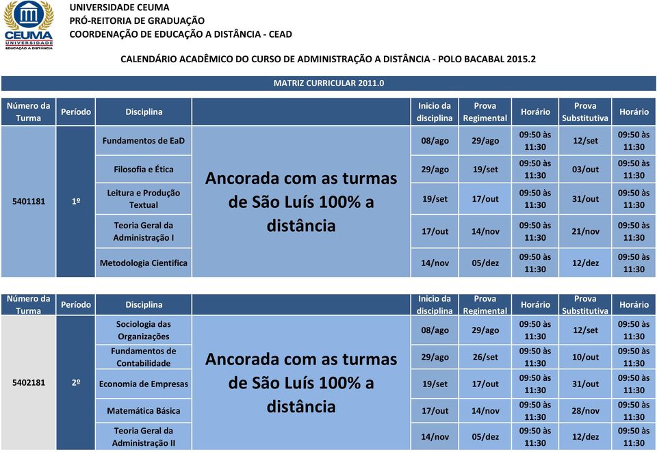 0 Fundamentos de EaD 08/ago 5401181 1º Filosofia e Ética Leitura e Produção Textual Teoria Geral da Administração I