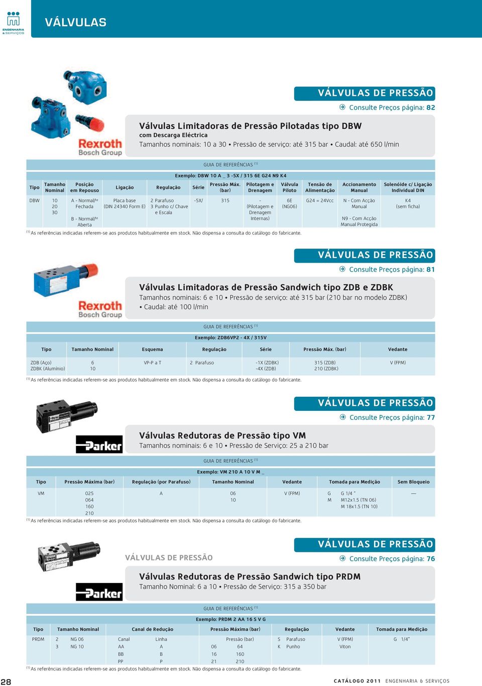 (bar) Pilotagem e Drenagem Válvula Piloto Tensão de Alimentação Accionamento Manual Solenóide c/ Ligação Individual DIN DBW 10 20 30 A - Normal/ te Fechada B - Normal/ te Aberta Placa base (DIN 24340