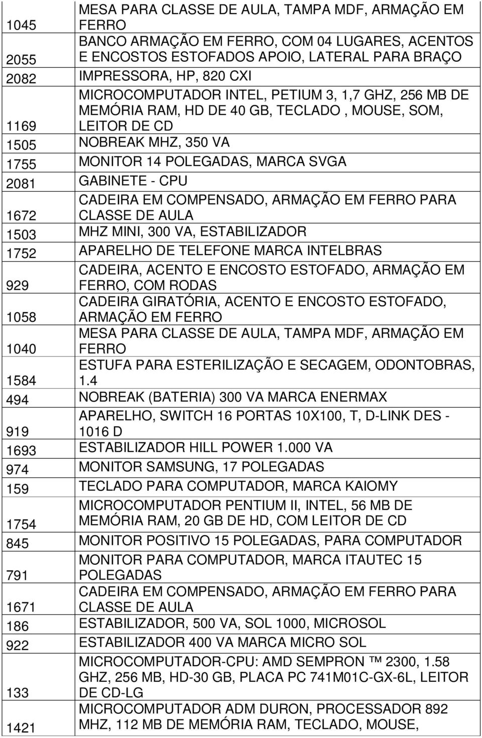 CADEIRA EM COMPENSADO, ARMAÇÃO EM FERRO PARA 1672 CLASSE DE AULA 1503 MHZ MINI, 300 VA, ESTABILIZADOR 1752 APARELHO DE TELEFONE MARCA INTELBRAS CADEIRA, ACENTO E ENCOSTO ESTOFADO, ARMAÇÃO EM 929