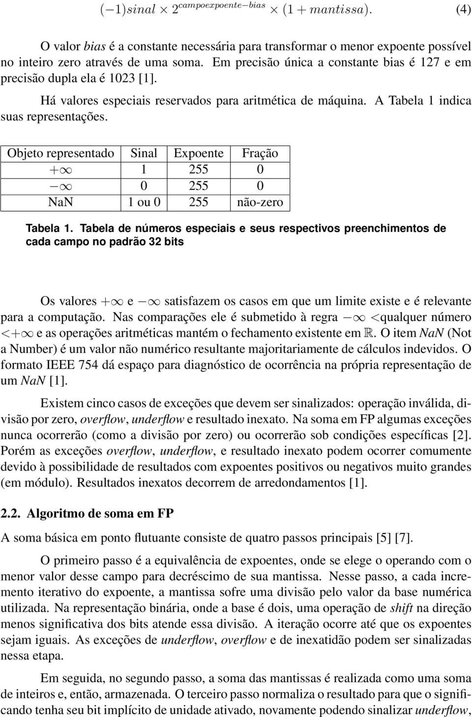 Objeto representado Sinal Expoente Fração + 1 255 0 0 255 0 NaN 1 ou 0 255 não-zero Tabela 1.