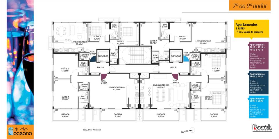 902A 2 Suítes Área total 127 m² até 148 m² Área privativa 82 m² até 94 m² Lavabo Apartamentos