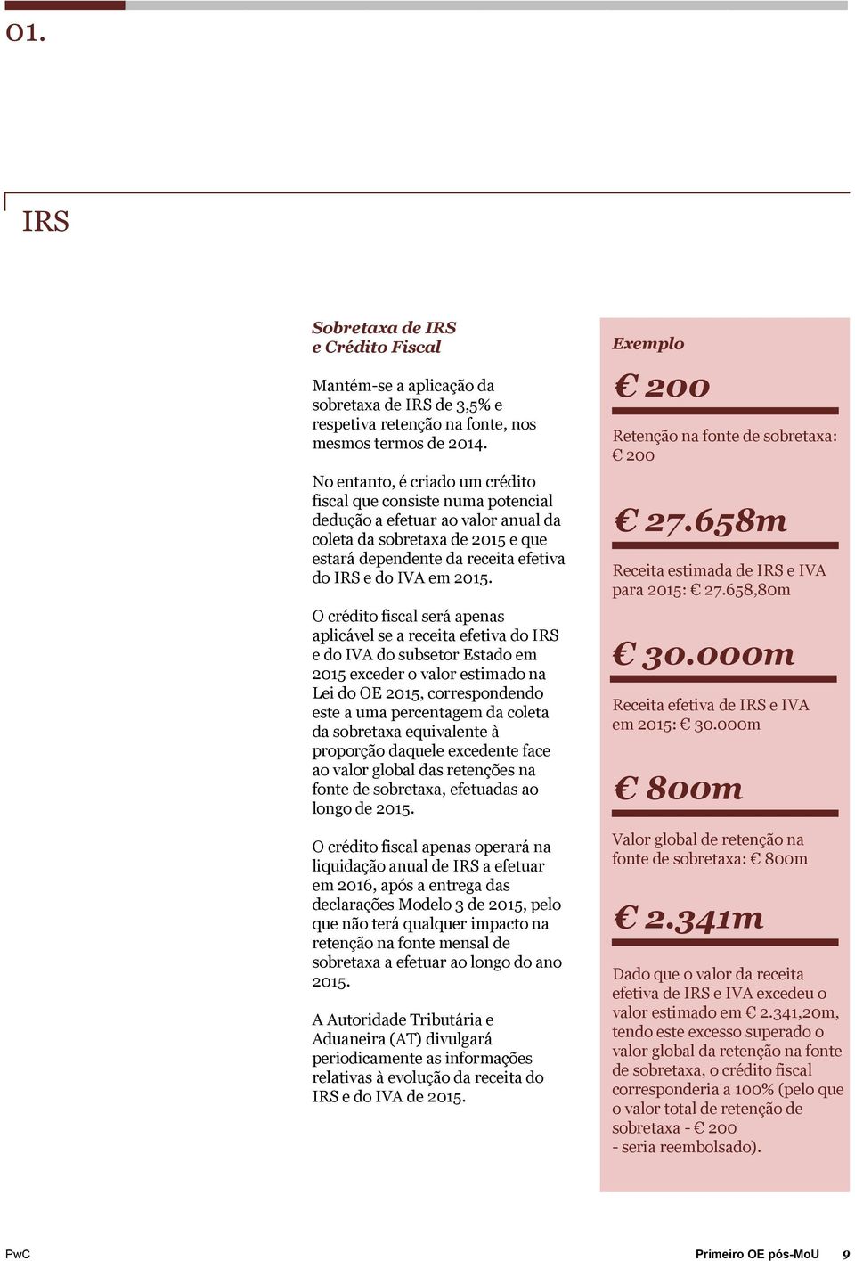 O crédito fiscal será apenas aplicável se a receita efetiva do IRS e do IVA do subsetor Estado em 2015 exceder o valor estimado na Lei do OE 2015, correspondendo este a uma percentagem da coleta da