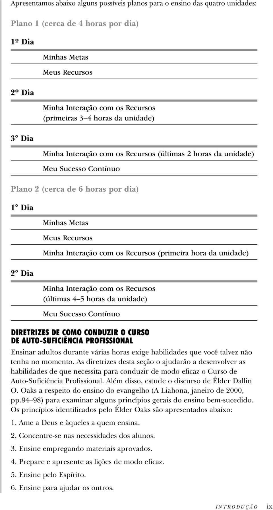 Recursos (primeira hora da unidade) 2 Dia Minha Interação com os Recursos (últimas 4 5 horas da unidade) Meu Sucesso Contínuo DIRETRIZES DE COMO CONDUZIR O CURSO DE AUTO-SUFICIÊNCIA PROFISSIONAL