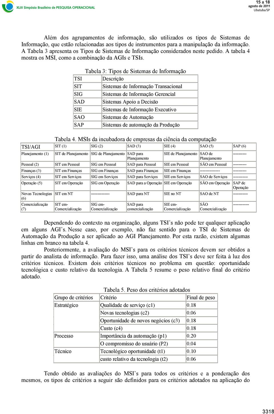 Tabela 3: Tipos de Sistemas de Informação TSI Descrição SIT Sistemas de Informação Transacional SIG Sistemas de Informação Gerencial SAD Sistemas Apoio a Decisão SIE Sistemas de Informação Executivo