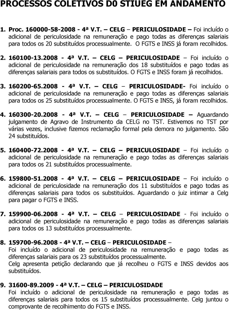 3. 160200-65.2008-4ª V.T. CELG PERICULOSIDADE- Foi incluído o adicional de periculosidade na remuneração e pago todas as diferenças salariais para todos os 25 substituídos processualmente.