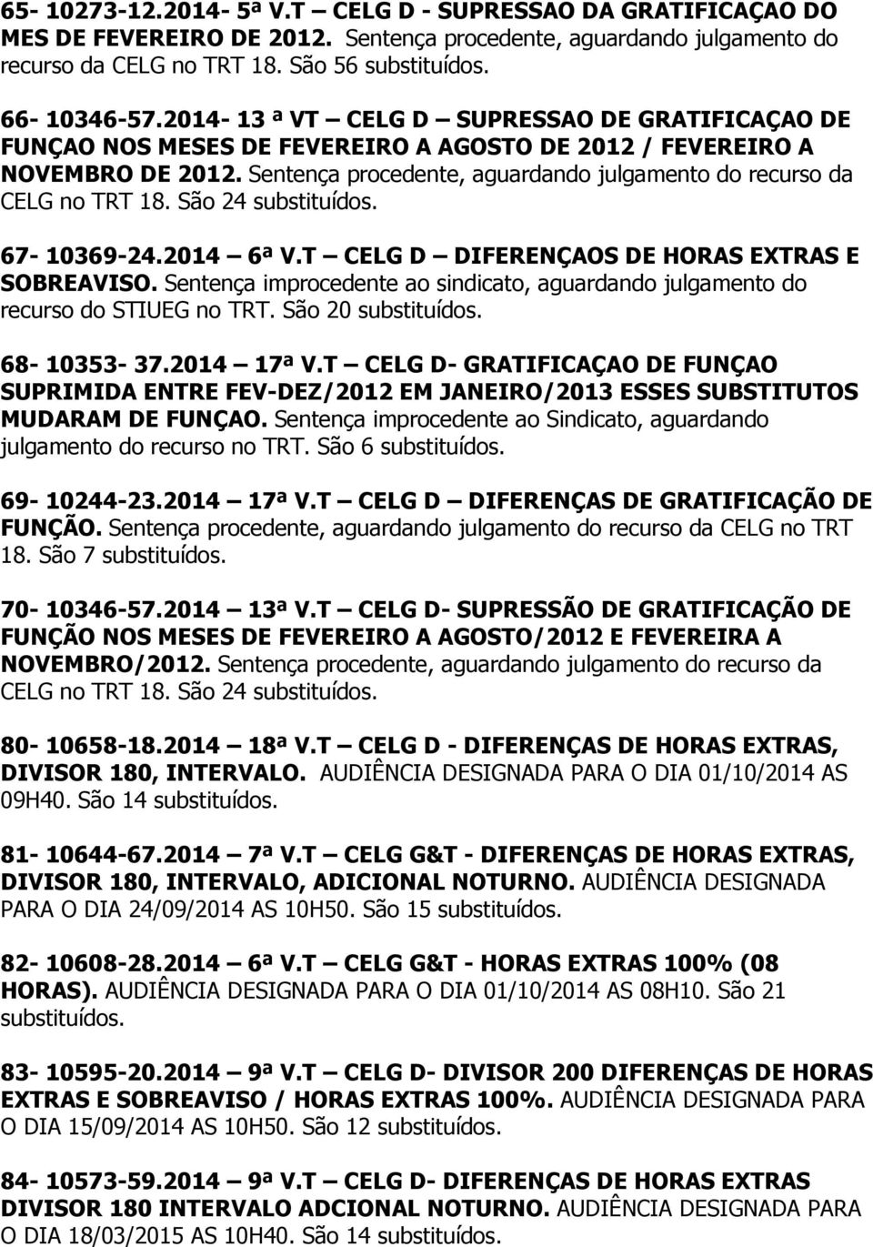 São 24 67-10369-24.2014 6ª V.T CELG D DIFERENÇAOS DE HORAS EXTRAS E SOBREAVISO. Sentença improcedente ao sindicato, aguardando julgamento do recurso do STIUEG no TRT. São 20 68-10353- 37.2014 17ª V.