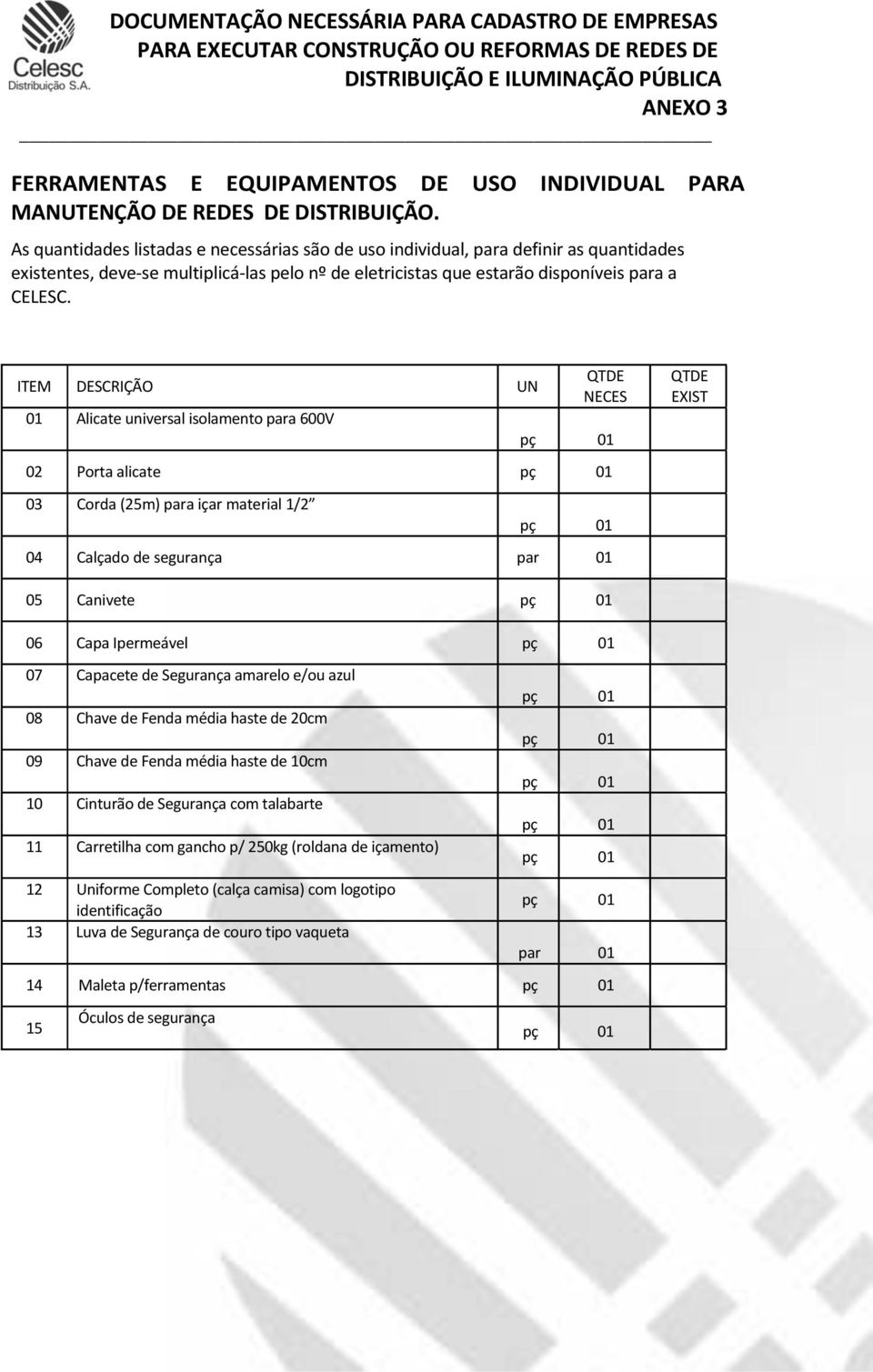 ITEM DESCRIÇÃO UN QTDE NECES 01 Alicate universal isolamento para 600V 02 Porta alicate 03 Corda (25m) para içar material 1/2 04 Calçado de segurança par 01 QTDE EXIST 05 Canivete 06 Capa Ipermeável