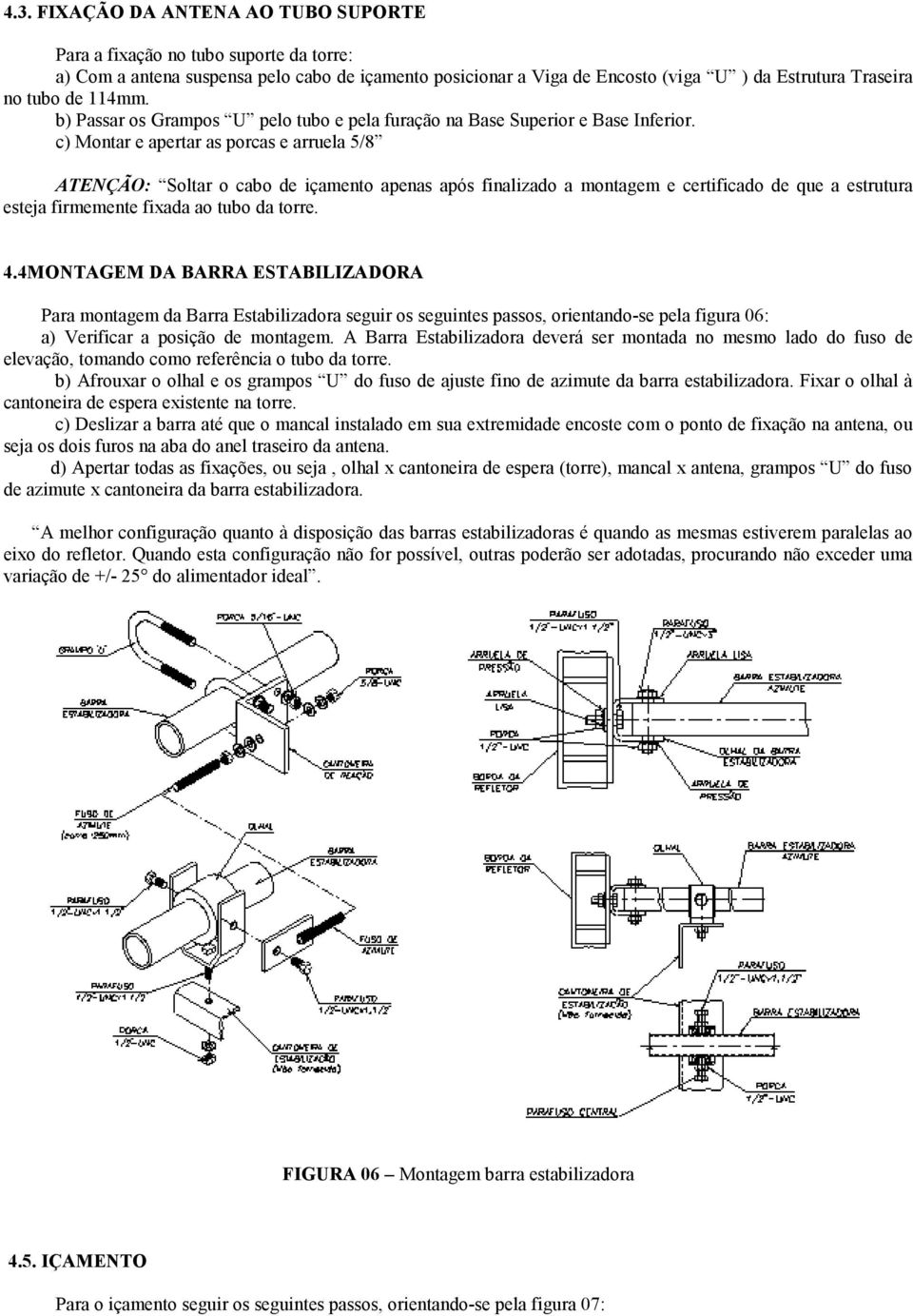 c) Montar e apertar as porcas e arruela 5/8 ATENÇÃO: Soltar o cabo de içamento apenas após finalizado a montagem e certificado de que a estrutura esteja firmemente fixada ao tubo da torre. 4.