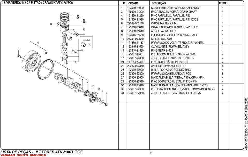 / KEY 7X 14 1 7 129916-21610 PARAFUSO DA POLIA / BOLT, V-PULLEY 1 8 129960-21640 ARRUELA / WASHER 1 9 123946-21660 POLIA EM V / V-PULLEY, CRANKSHAFT 1 10 24341-000530 O-RING 1A S-53.