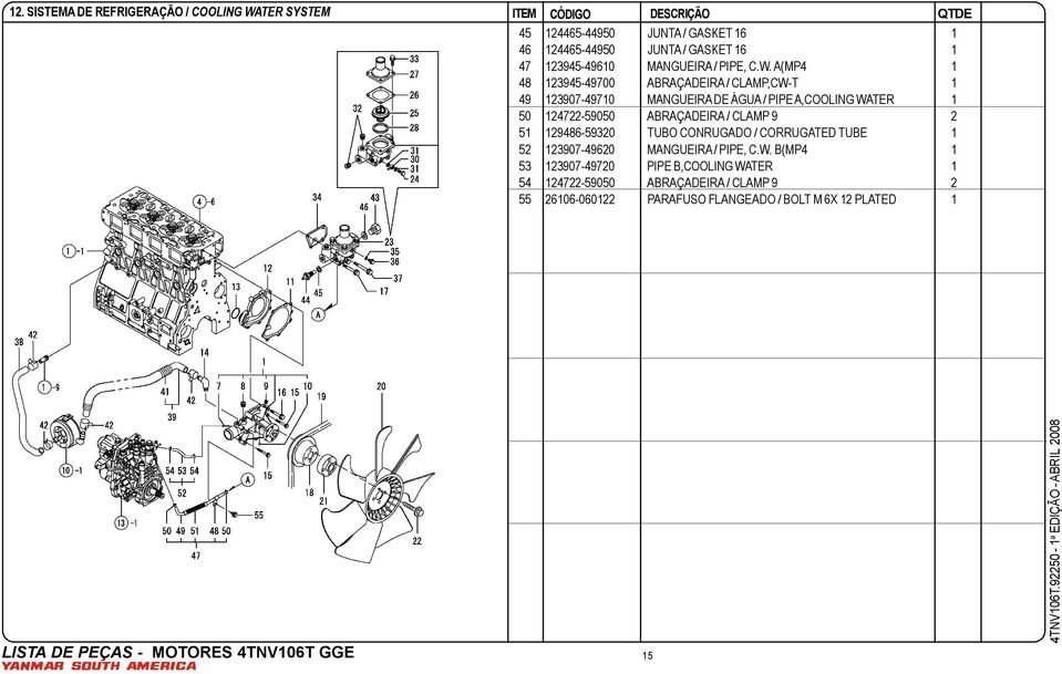 A(MP4 1 48 123945-49700 ABRAÇADEIRA / CLAMP,CW-T 1 49 123907-49710 MANGUEIRA DE ÁGUA / PIPE A,COOLING WATER 1 50 124722-59050 ABRAÇADEIRA / CLAMP