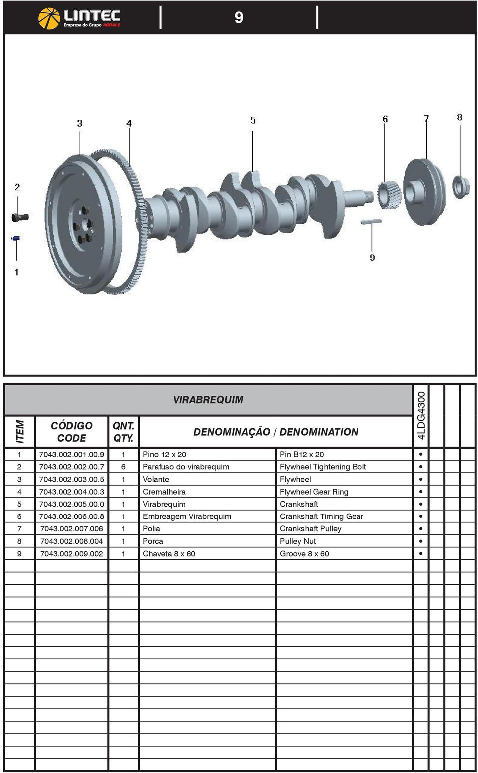 002.004.00.3 1 Cremalheira Flywheel Gear Ring 5 7043.002.005.00.0 1 Virabrequim Crankshaft 6 7043.002.006.00.8 1 Embreagem Virabrequim Crankshaft Timing Gear 7 7043.