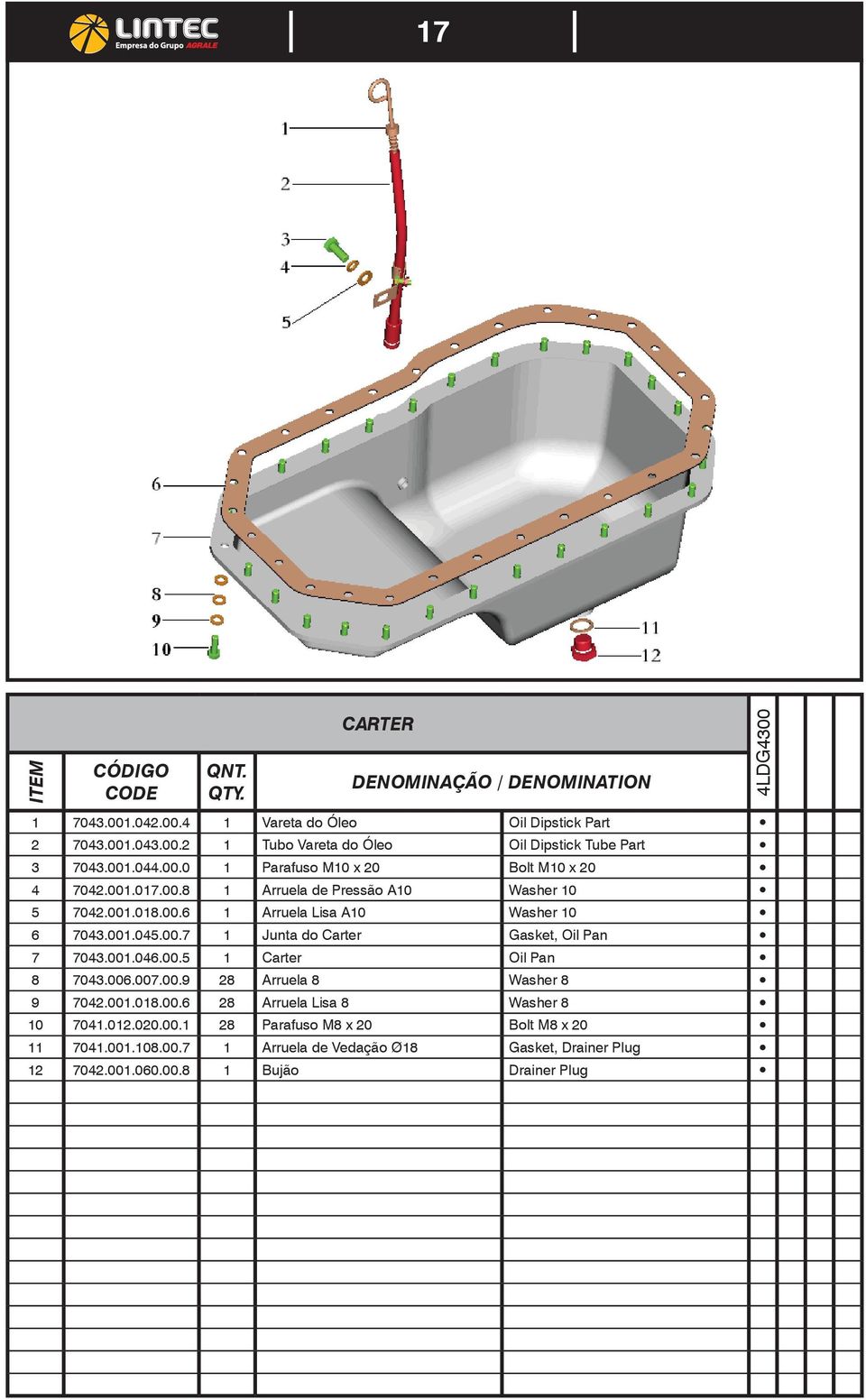 001.046.00.5 1 Carter Oil Pan 8 7043.006.007.00.9 28 Arruela 8 Washer 8 9 7042.001.018.00.6 28 Arruela Lisa 8 Washer 8 10 7041.012.020.00.1 28 Parafuso M8 x 20 Bolt M8 x 20 11 7041.