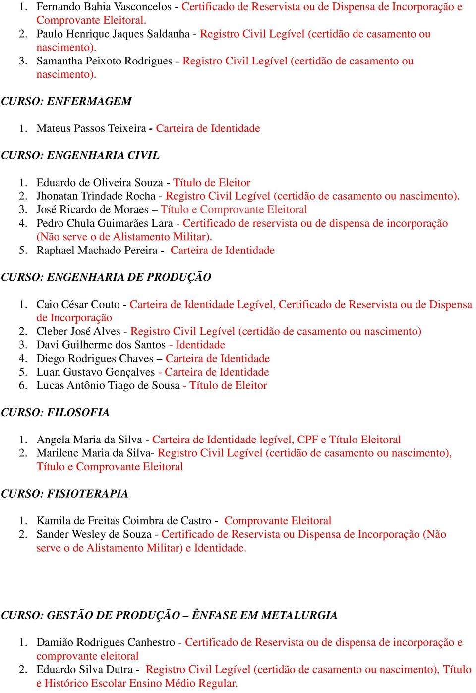 CURSO: ENFERMAGEM 1. Mateus Passos Teixeira - Carteira de Identidade CURSO: ENGENHARIA CIVIL 1. Eduardo de Oliveira Souza - Título de Eleitor 2.