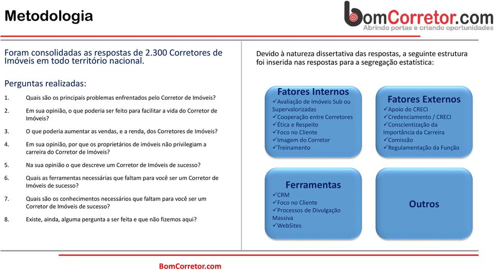 Quais são os principais problemas enfrentados pelo Corretor de Imóveis? 2. Em sua opinião, o que poderia ser feito para facilitar a vida do Corretor de Imóveis? 3.