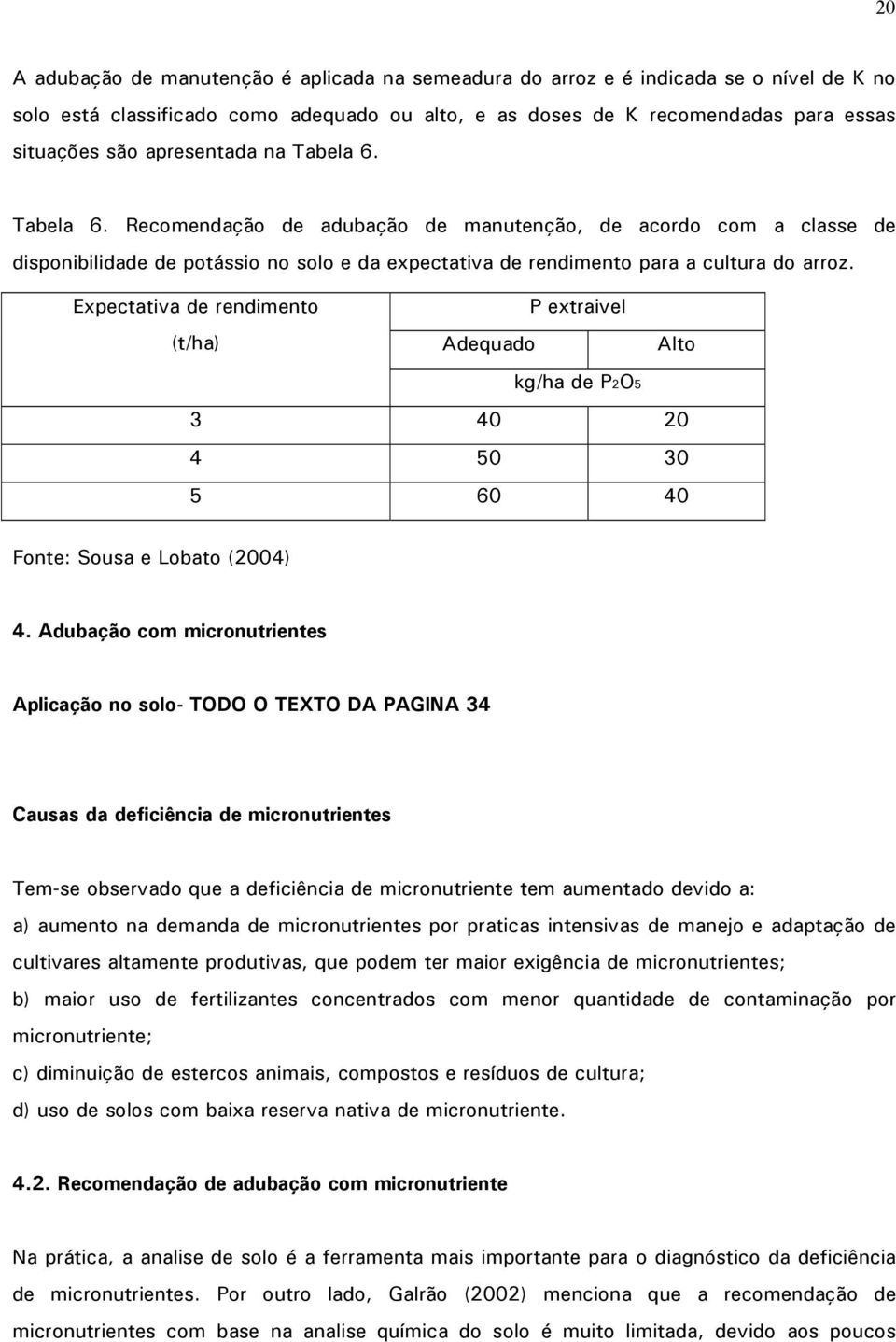 Expectativa de rendimento (t/ha) Adequado P extraivel kg/ha de P2O5 Alto 3 40 20 4 50 30 5 60 40 Fonte: Sousa e Lobato (2004) 4.