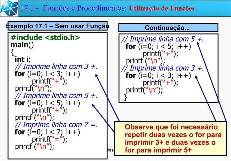 for (i=0; i < 7; i++) printf( = ); printf ( \n ); Continuação... // Imprime linha com 5 +.