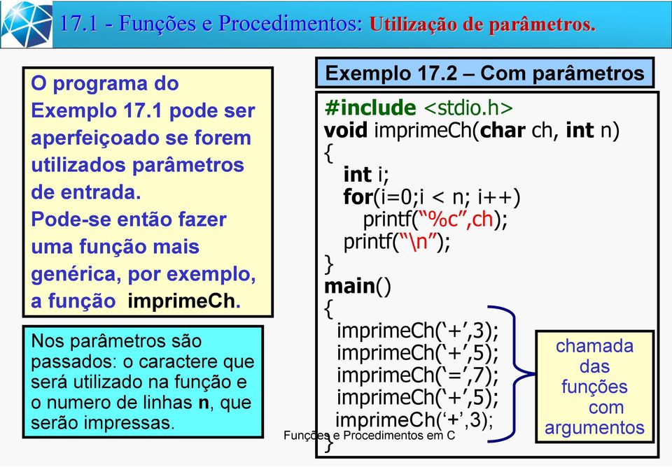 Nos parâmetros são passados: o caractere que será utilizado na função e o numero de linhas n, que serão impressas. Exemplo 17.2 Com parâmetros #include <stdio.