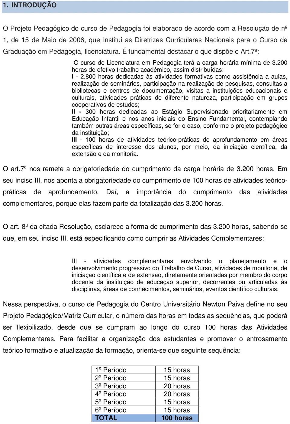 200 horas de efetivo trabalho acadêmico, assim distribuídas: I - 2.