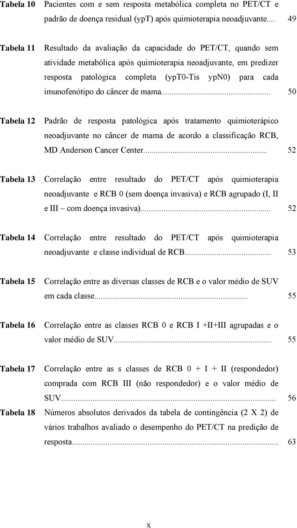 imunofenótipo do câncer de mama... 5 Tabela 12 Padrão de resposta patológica após tratamento quimioterápico neoadjuvante no câncer de mama de acordo a classificação RCB, MD Anderson Cancer Center.