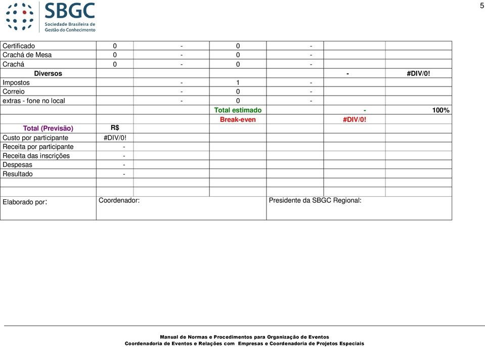 Break-even #DIV/0! Total (Previsão) R$ Custo por participante #DIV/0!