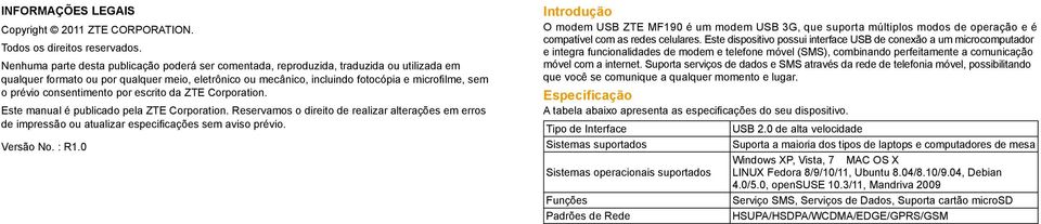 prévio consentimento por escrito da ZTE Corporation. Este manual é publicado pela ZTE Corporation.