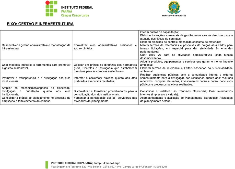 Consolidar a prática do planejamento no processo de ampliação e fortalecimento do câmpus. Formalizar atos administrativos ordinários e extraordinários.