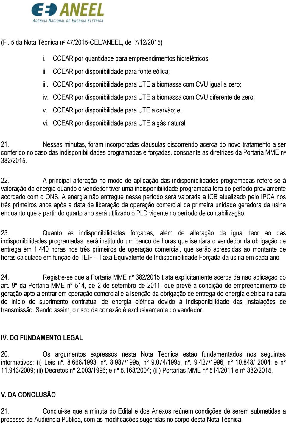 CCEAR por disponibilidade para UTE a gás natural. 21.