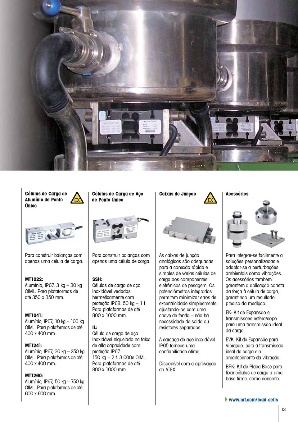 MT1241: Alumínio, IP67, 30 kg 250 kg OIML. Para plataformas de até 400 x 400 mm. MT1260: Alumínio, IP67, 50 kg 750 kg OIML. Para plataformas de até 600 x 600 mm.