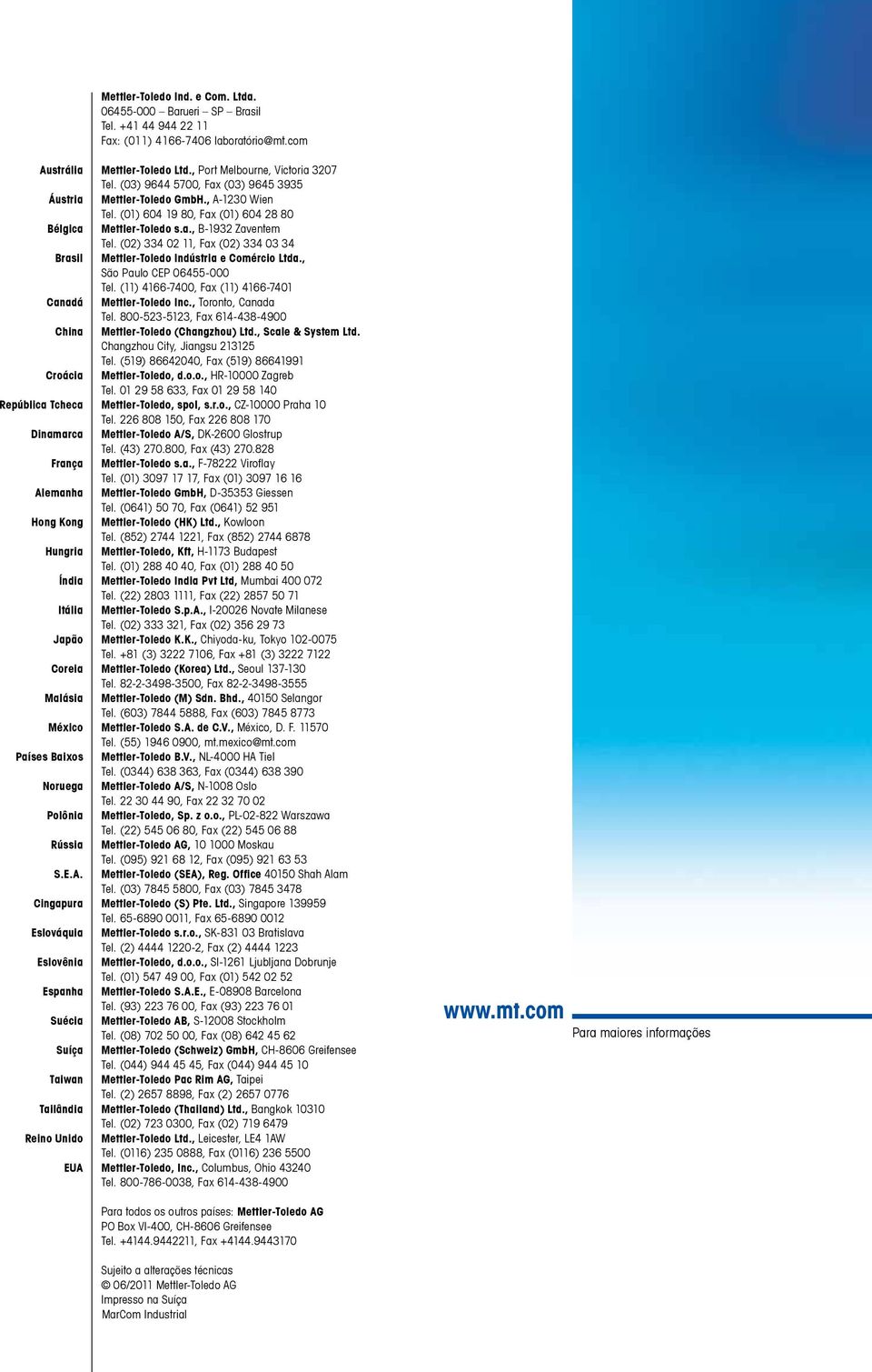 (02) 334 02 11, Fax (02) 334 03 34 Brasil Mettler-Toledo Indústria e Comércio Ltda., São Paulo CEP 06455-000 Tel. (11) 4166-7400, Fax (11) 4166-7401 Canadá Mettler-Toledo Inc., Toronto, Canada Tel.