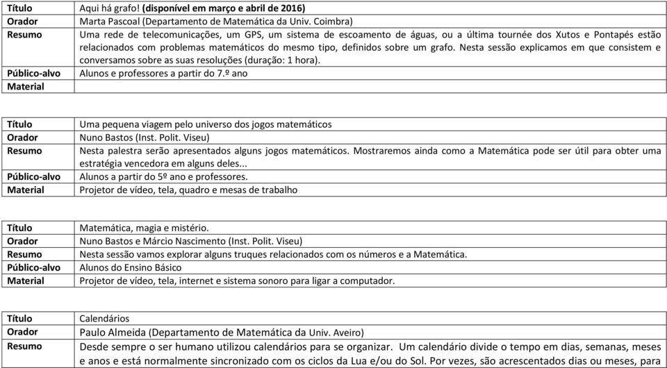 um grafo. Nesta sessão explicamos em que consistem e conversamos sobre as suas resoluções (duração: 1 hora). Alunos e professores a partir do 7.