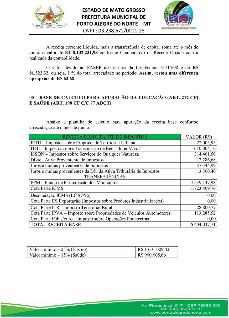 05 BASE DE CALCULO PARA APURAÇÃO DA EDUCAÇÃO (ART. 212 CF) E SAÚDE (ART. 198 CF C/C 77 ADCT) Abaixo a planilha de calculo para apuração da receita base conforme arrecadação até o mês de junho.