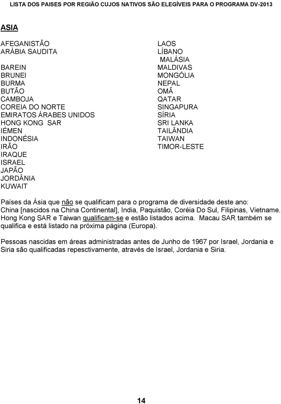 qualificam para o programa de diversidade deste ano: China [nascidos na China Continental], India, Paquistão, Coréia Do Sul, Filipinas, Vietname.