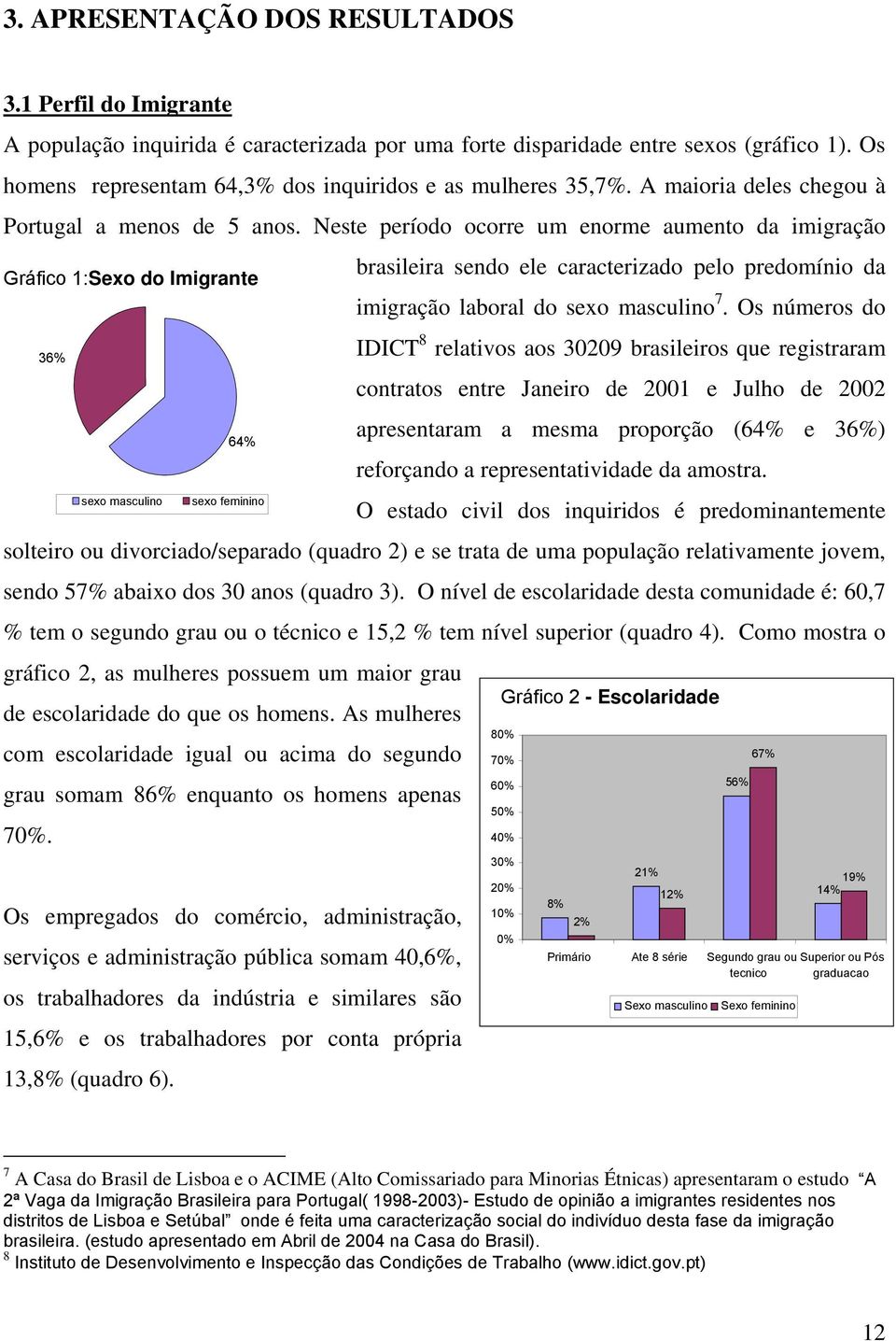 Neste período ocorre um enorme aumento da imigração Gráfico 1:Sexo do Imigrante brasileira sendo ele caracterizado pelo predomínio da imigração laboral do sexo masculino 7.