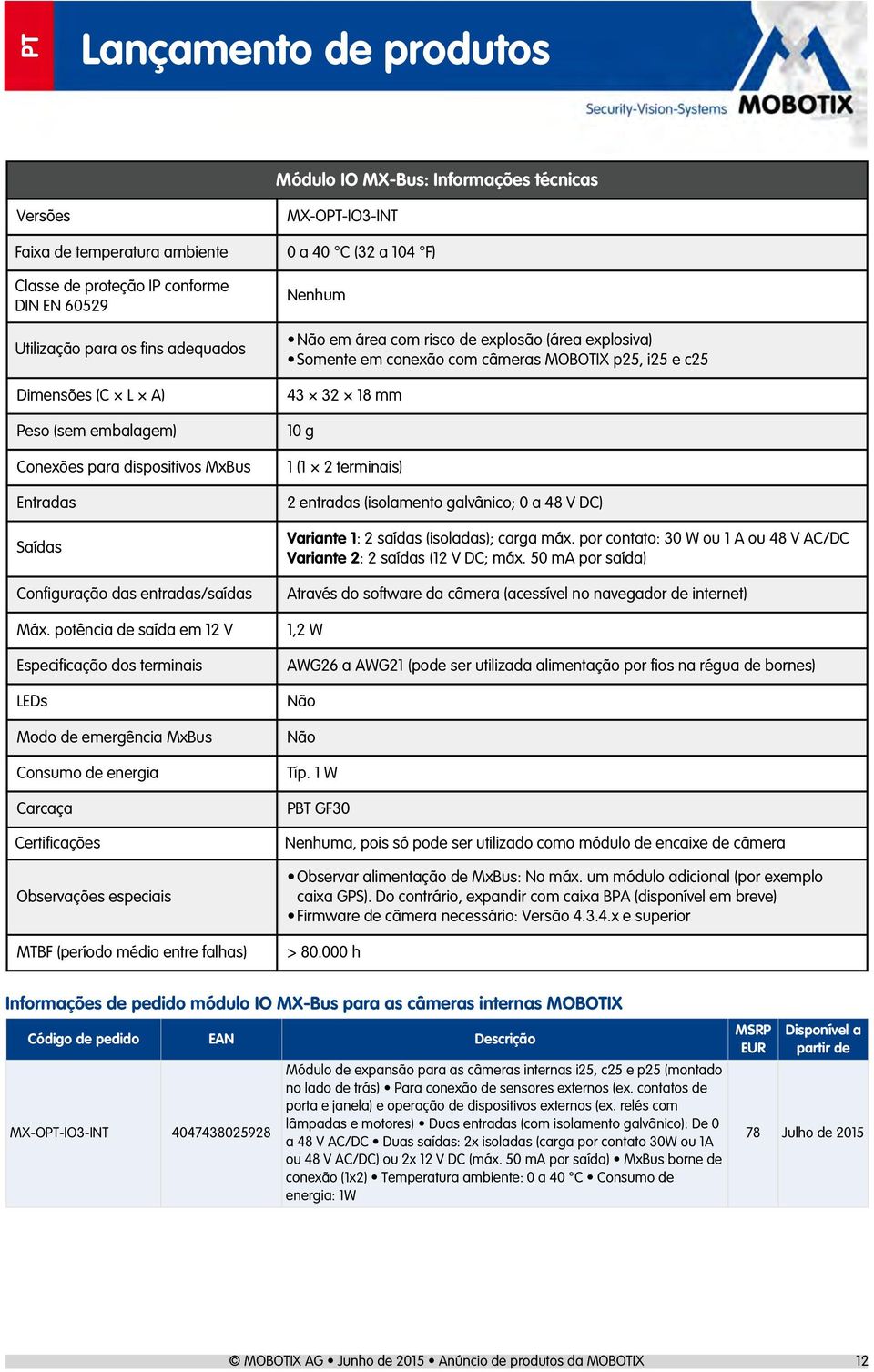 potência de saída em 12 V Especificação dos terminais LEDs Modo de emergência MxBus Consumo de energia Carcaça Certificações Observações especiais MTBF (período médio entre falhas) MX-OPT-IO3-INT 0 a