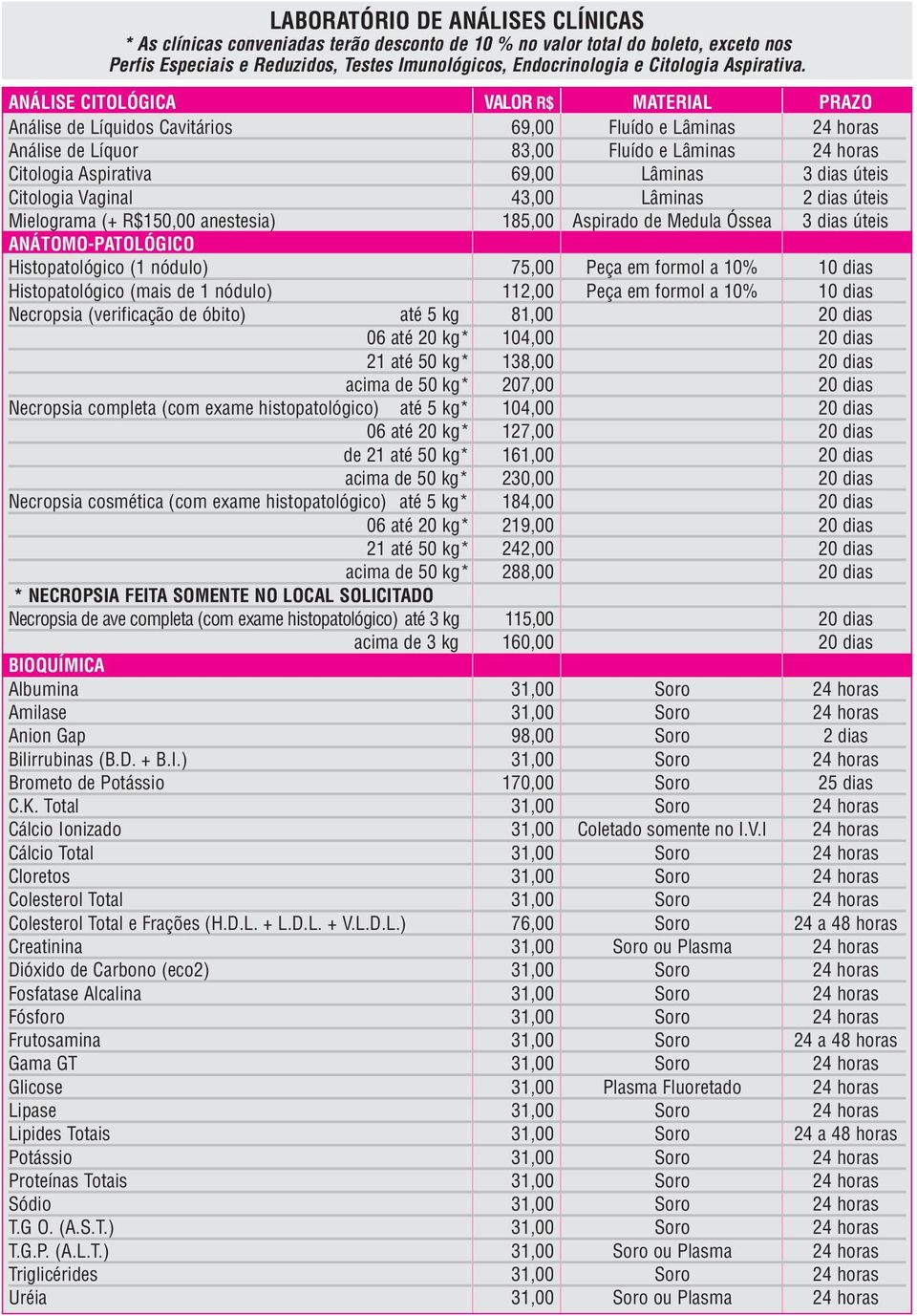 ANÁLISE CITOLÓGICA VALOR R$ MATERIAL PRAZO Análise de Líquidos Cavitários 69,00 Fluído e Lâminas 24 horas Análise de Líquor 83,00 Fluído e Lâminas 24 horas Citologia Aspirativa 69,00 Lâminas 3 dias