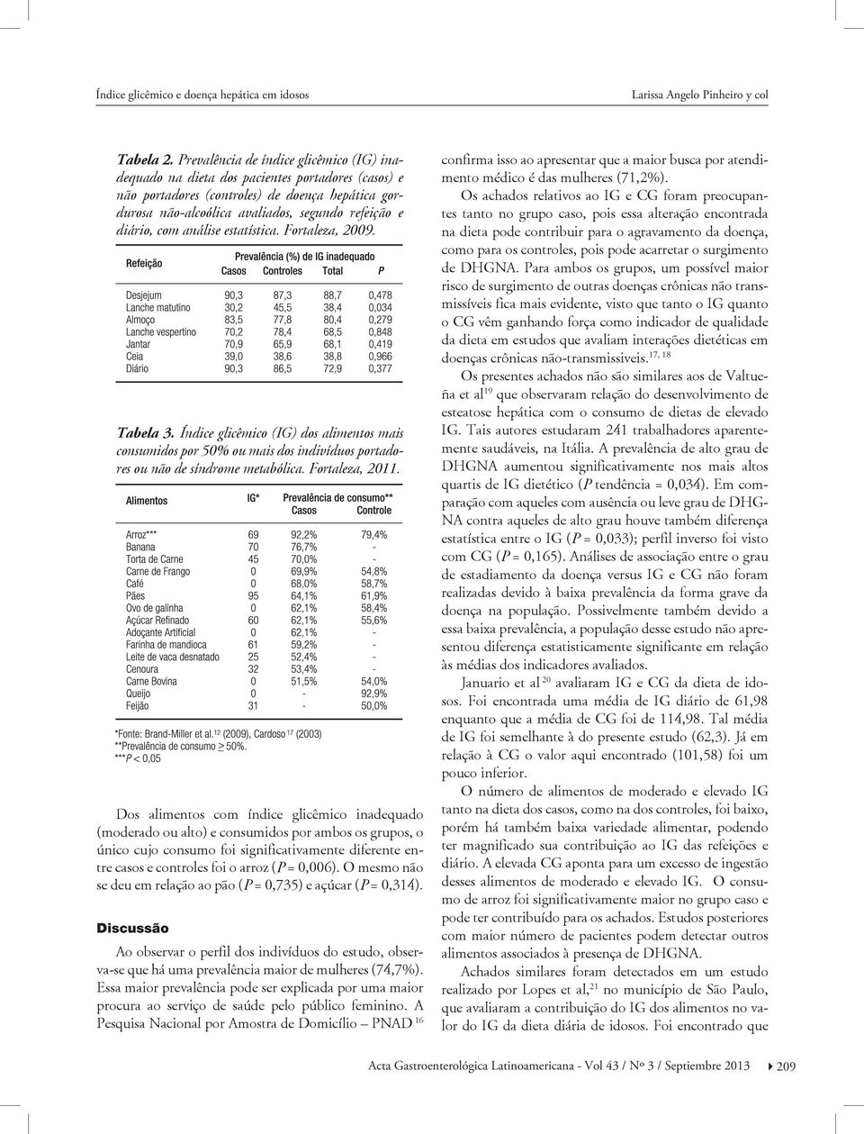 com análise estatística. Fortaleza, 2009. Tabela 3. Índice glicêmico (IG) dos alimentos mais consumidos por 50% ou mais dos indivíduos portadores ou não de síndrome metabólica. Fortaleza, 2011.