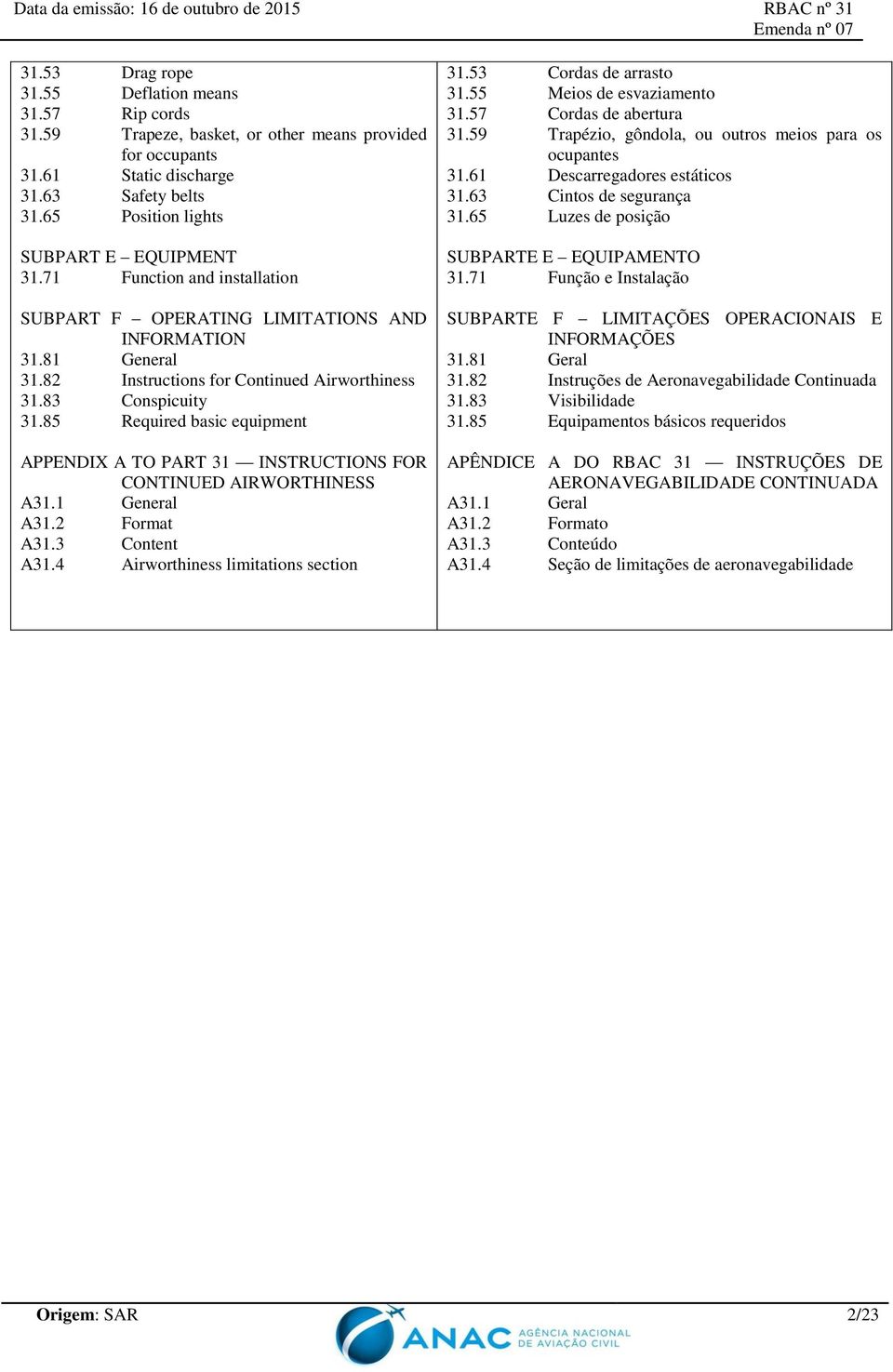 83 Conspicuity 31.85 Required basic equipment APPENDIX A TO PART 31 INSTRUCTIONS FOR CONTINUED AIRWORTHINESS A31.1 General A31.2 Format A31.3 Content A31.4 Airworthiness limitations section 31.