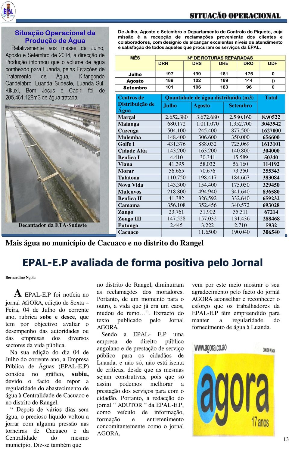 Decantador da ETA-Sudeste Mais água no município de Cacuaco e no distrito do Rangel Bernardino Ngola Situação operacional EPAL-E.P avaliada de forma positiva pelo Jornal AGORA A EPAL-E.