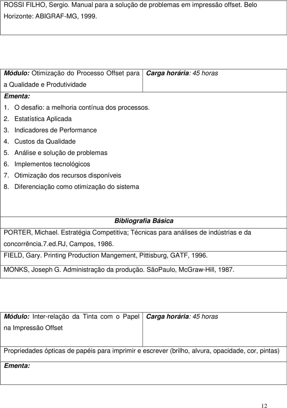 Indicadores de Performance 4. Custos da Qualidade 5. Análise e solução de problemas 6. Implementos tecnológicos 7. Otimização dos recursos disponíveis 8.