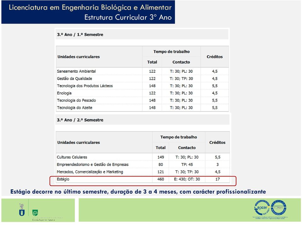 semestre, duração de 3 a 4