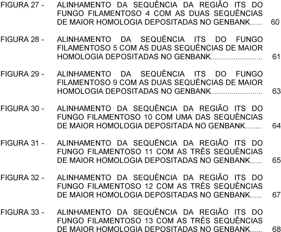 .. 61 FIGURA 29 - ALINHAMENTO DA SEQUÊNCIA ITS DO FUNGO FILAMENTOSO 9 COM AS DUAS SEQUÊNCIAS DE MAIOR HOMOLOGIA DEPOSITADAS NO GENBANK.