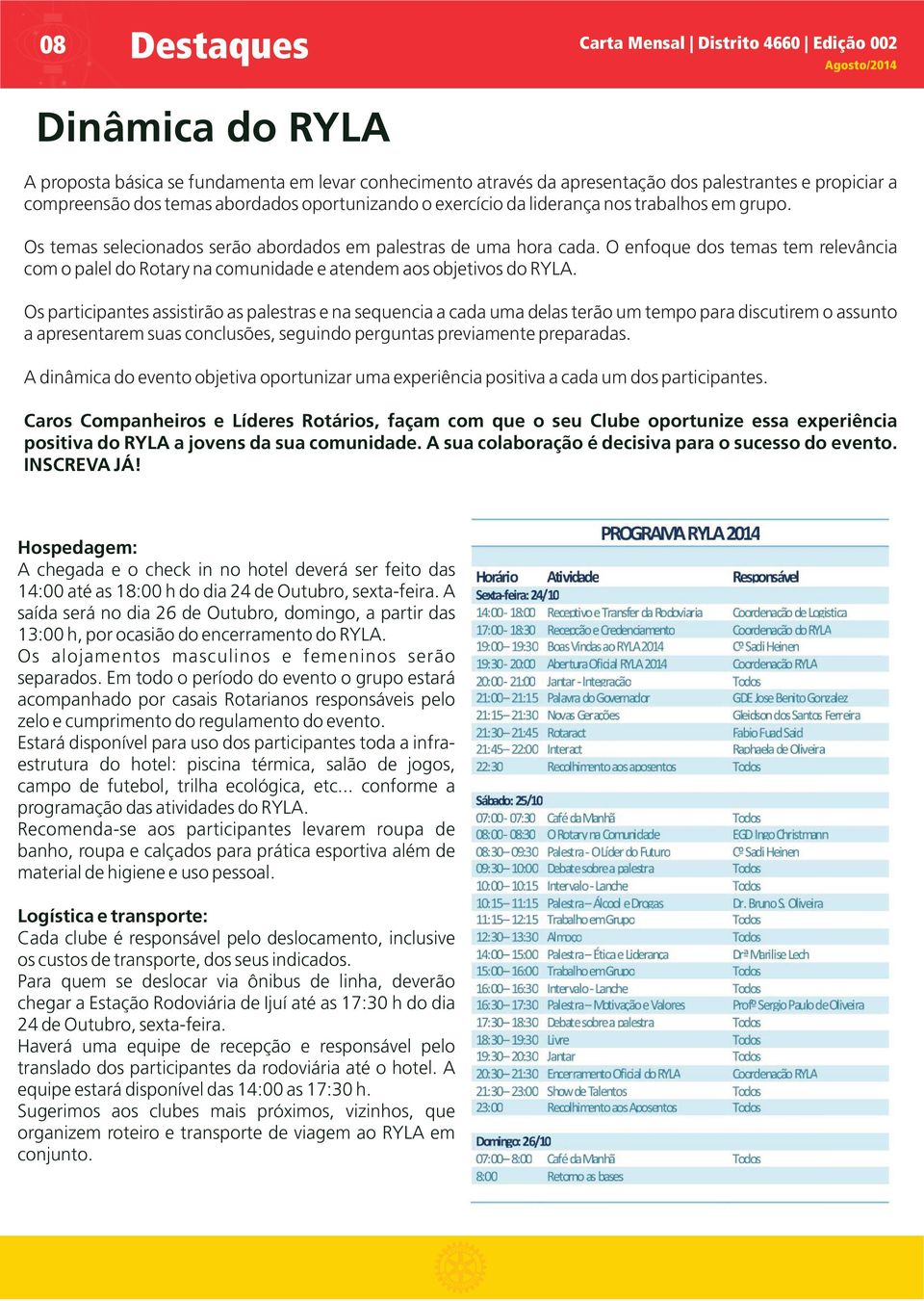 O enfoque dos temas tem relevância com o palel do Rotary na comunidade e atendem aos objetivos do RYLA.