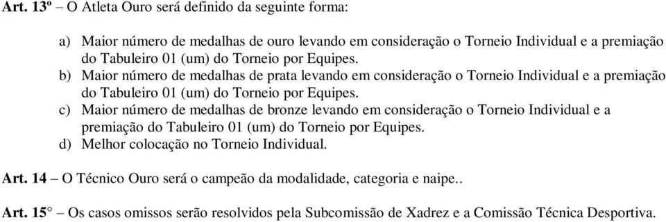 c) Maior número de medalhas de bronze levando em consideração o Torneio Individual e a premiação do Tabuleiro 01 (um) do Torneio por Equipes.