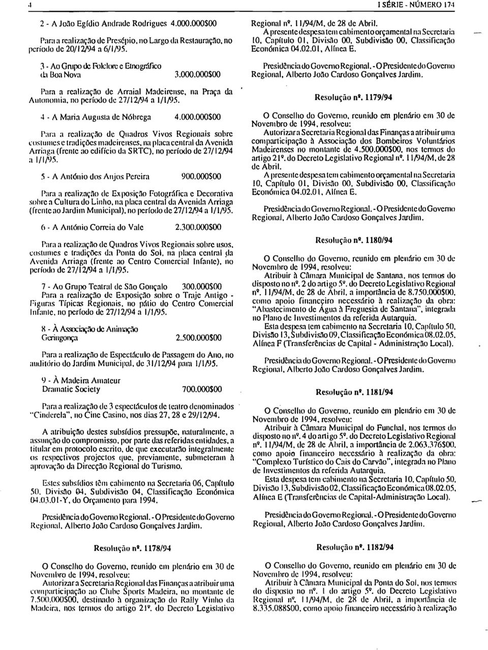 000500 Pura a realização de Arraial Madeirense. na Praça da Autonomia, no período de 27112/94 a 1/lf)5. 4.. A Maria Augusta de Nóbrcga 4.000.000$00 Para a realização de Quadros Vivos Regionais sobre costumese tradiçõesmadeirenses, naplacacentral da Avcnida Arriaga (frente ao cdifício da SRTC), no período de 27/12f)4 a 111/95.