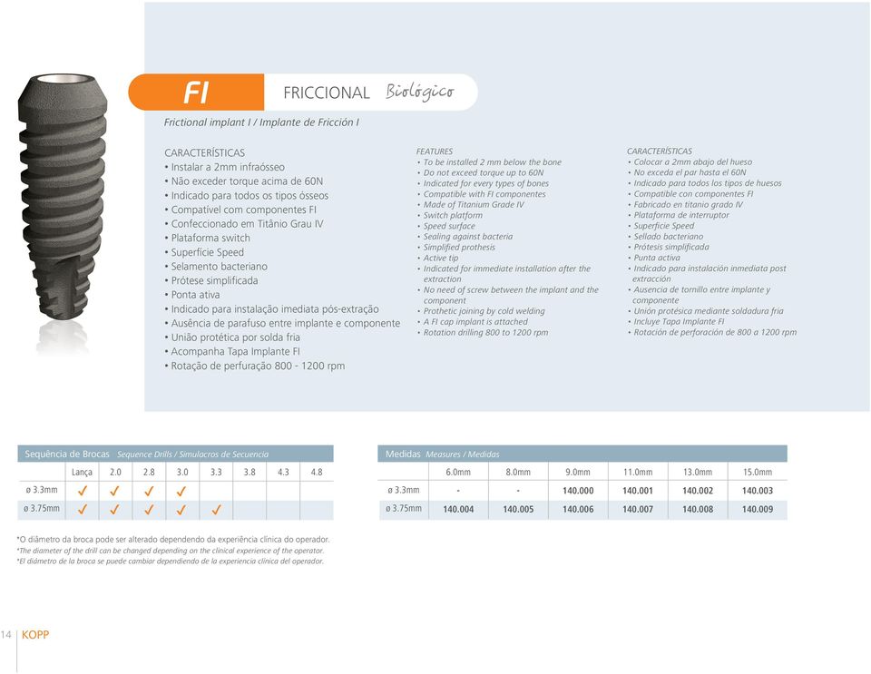 componente União protética por solda fria Acompanha Tapa Implante FI Rotação de perfuração 800-1200 rpm FEATURES To be installed 2 mm below the bone Do not exceed torque up to 60N Indicated for every