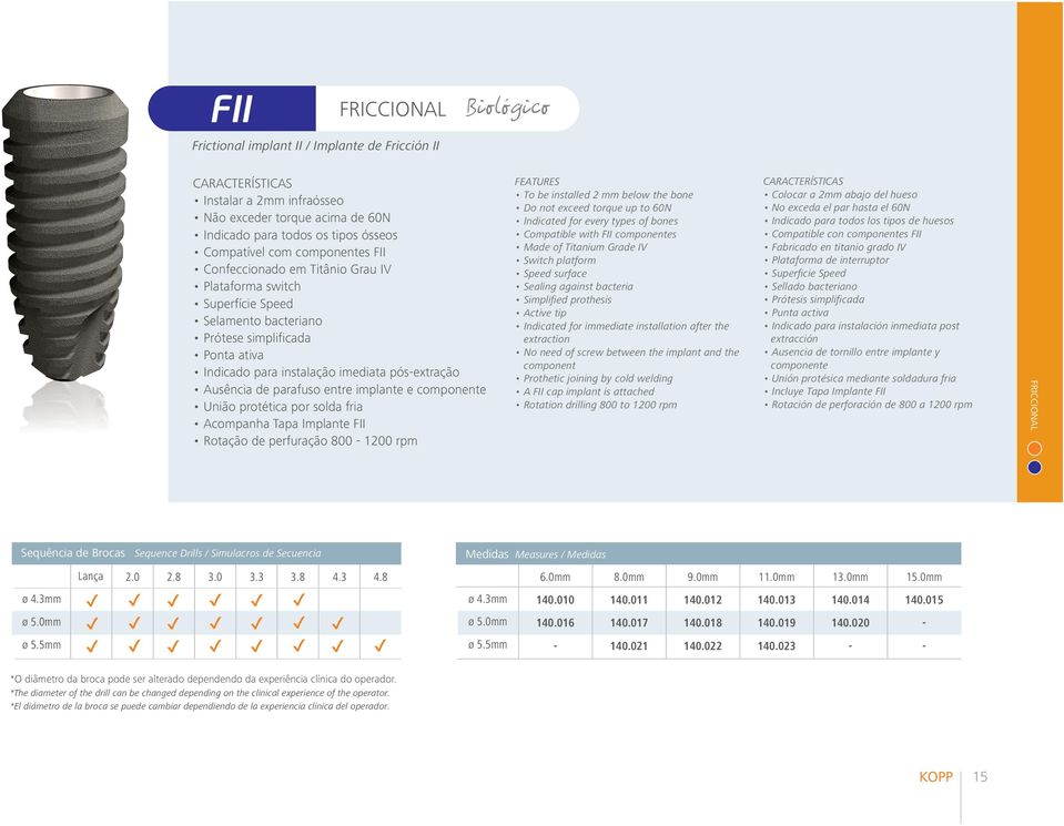 implante e componente União protética por solda fria Acompanha Tapa Implante FII Rotação de perfuração 800-1200 rpm FEATURES To be installed 2 mm below the bone Do not exceed torque up to 60N